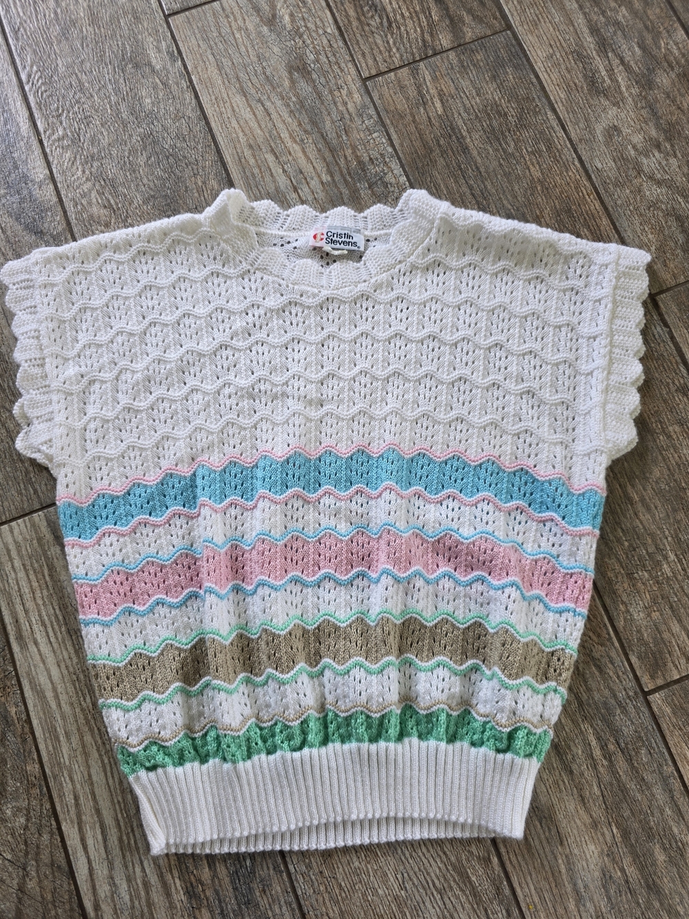 Vintage Cristin Stevens White Knit Crochet Sleeveless Sweater Pastel  Small